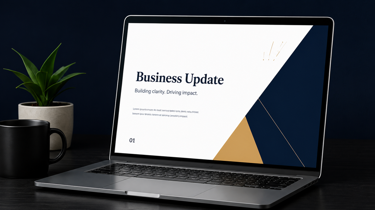 Corporate presentation design shown on a laptop screen, titled Business Update