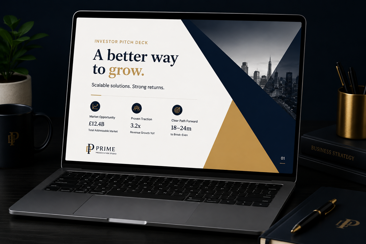 Sales and investor pitch deck presentation displayed on a laptop.