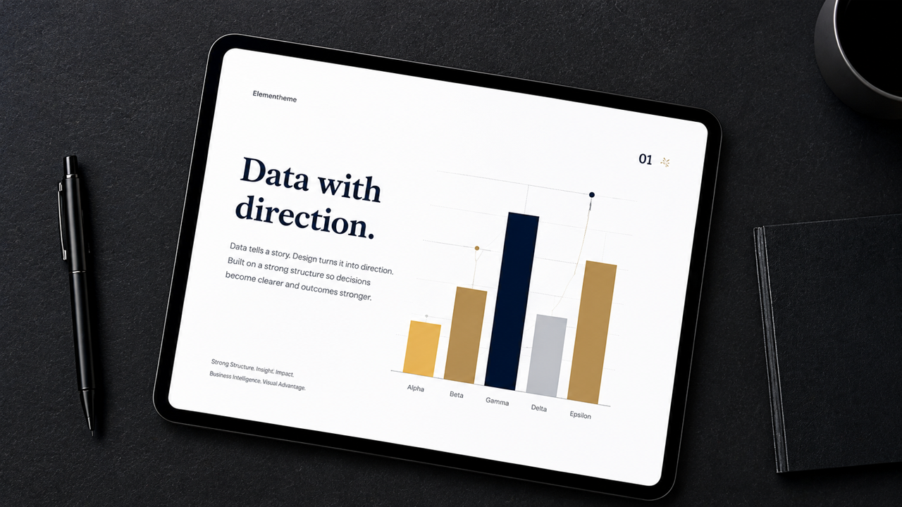 Data visualisation slide with bar chart shown on a tablet screen, titled Data with direction