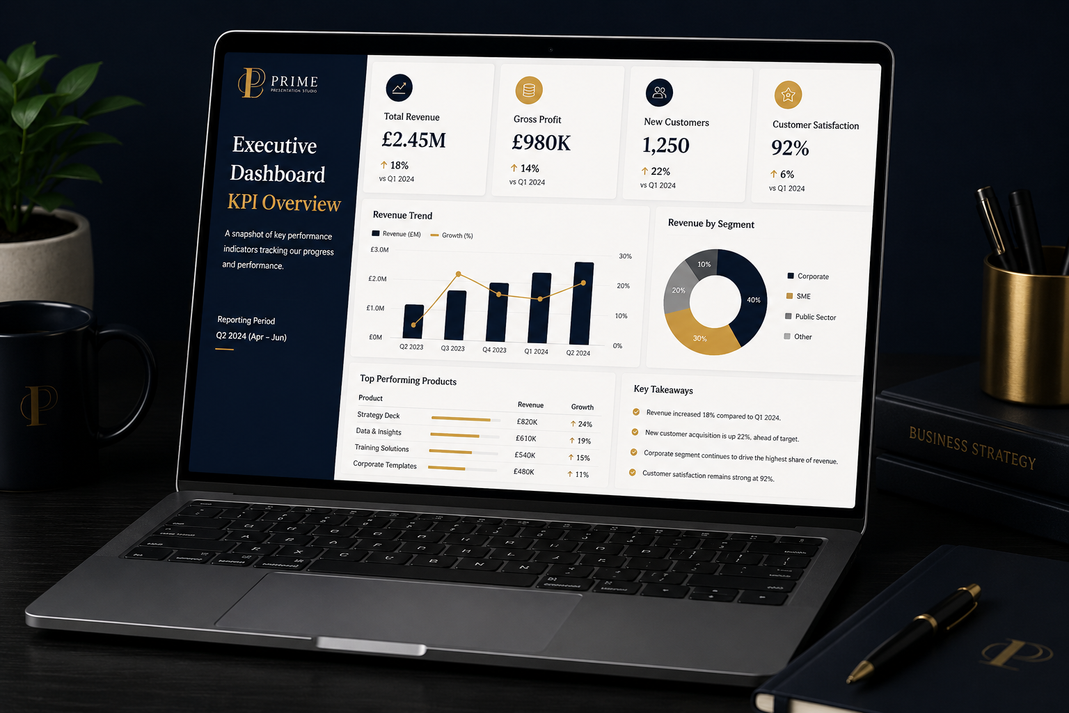 Executive dashboard and KPI reporting presentation displayed on a laptop.